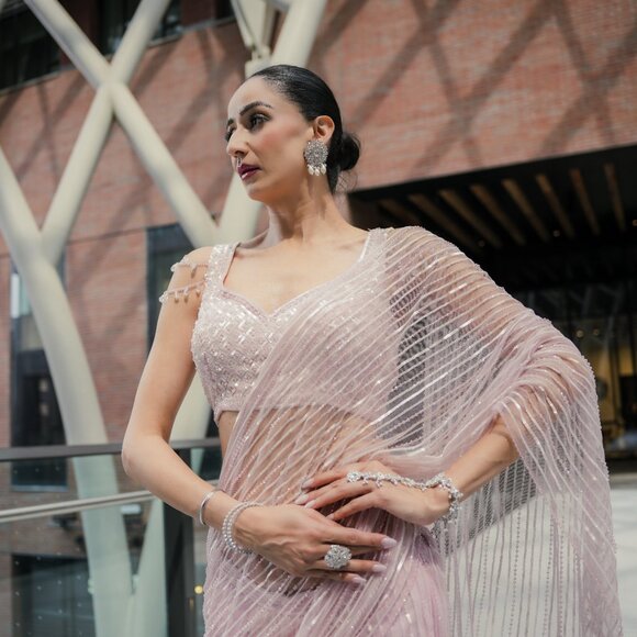 Pink Ombre Net Hand Embroidered Pre-Draped Saree Set - Picture 3 of 4